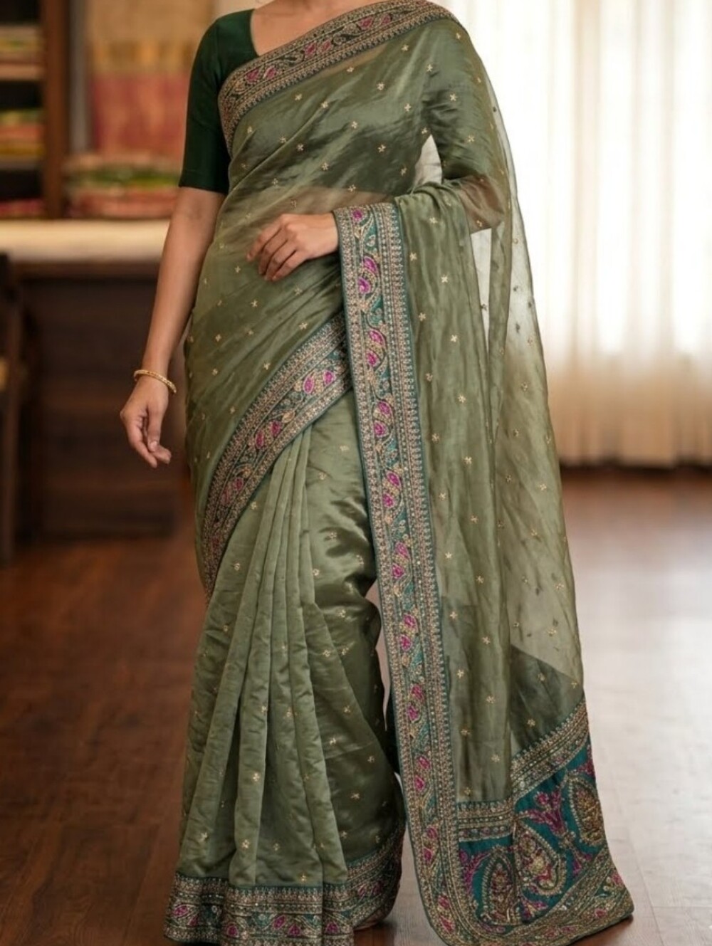 Handmade In India Elegant Olive Green Silk Embroidered Saree